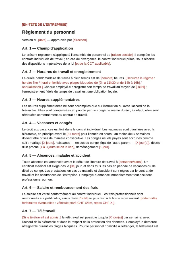 Couverture — Règlement du personnel